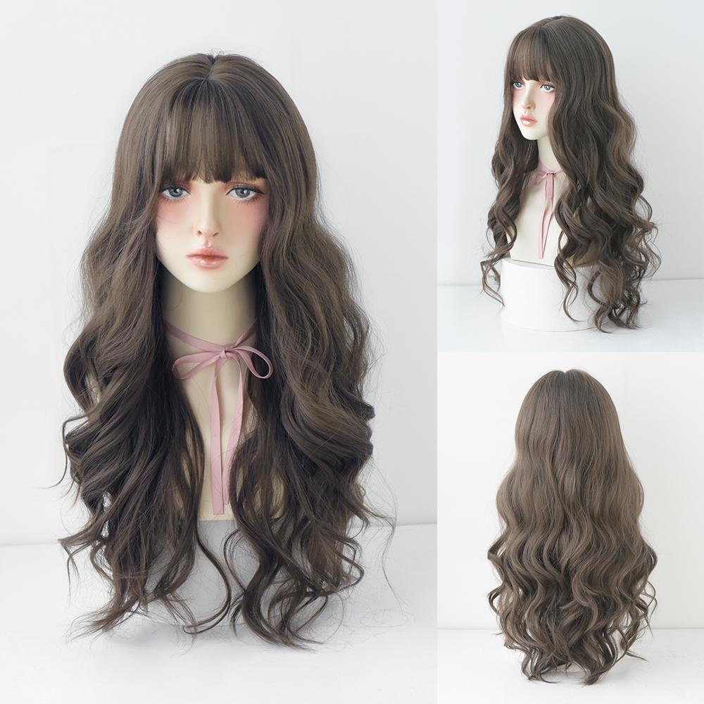 Lange Lockige Haare Damen Perücke mit Pony Täglich Braun Schwarz Rosa Lolita Cosplay Geflochtene Perücken Hitzebeständige Faser Party Kunsthaar
