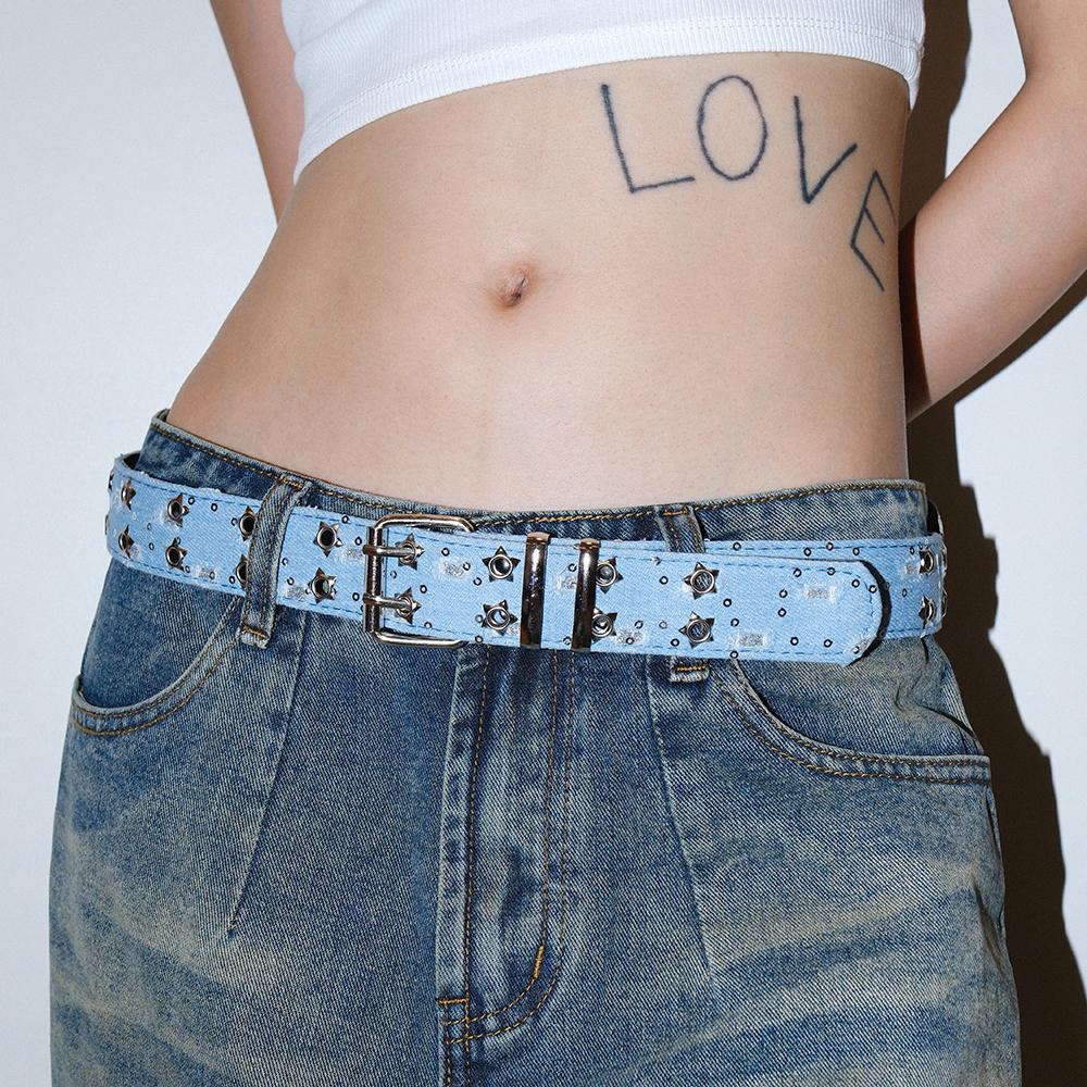 Trendy Denim Sequin Star Distressed Ripped Belt for European and American Ins Style