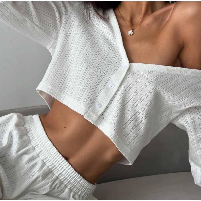 Casual Long Pants Set Woman Spring Summer V-neck Buttons Blouses Full Sleeve Elastic Waist Trousers Sets Female Solid Color Office Lady Suit