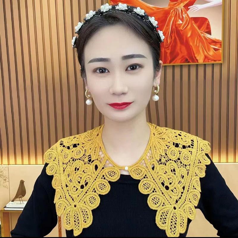 

Японская маленькая шаль ручной работы в стиле ретро, вязаная крючком, ажурная кружевная жилетка с юбкой и декоративным накладным воротником жёлтый