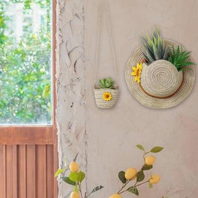 Farmhouse Boho Wall Planter Straw Hat Shoulder Bag Flower Pot Resin Bonsai Plant Pot for Indoor Outdoor Balcony Garden Decor Succulents Dried Flowers