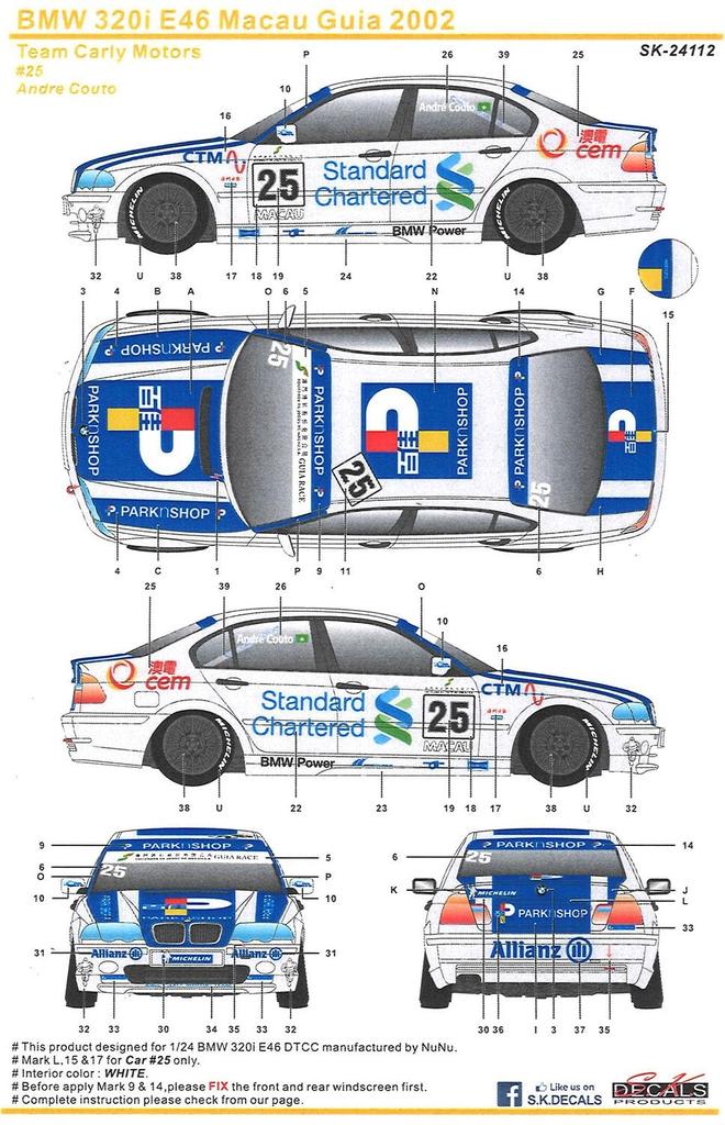 BMW320i E46 2001 DTM-Sieger 2002 Macau Guia Race Team Curley Motors Decal enthalten Plastikmodell PN24007SK2 Platts/NuNu 1/24 #26 (Auto)