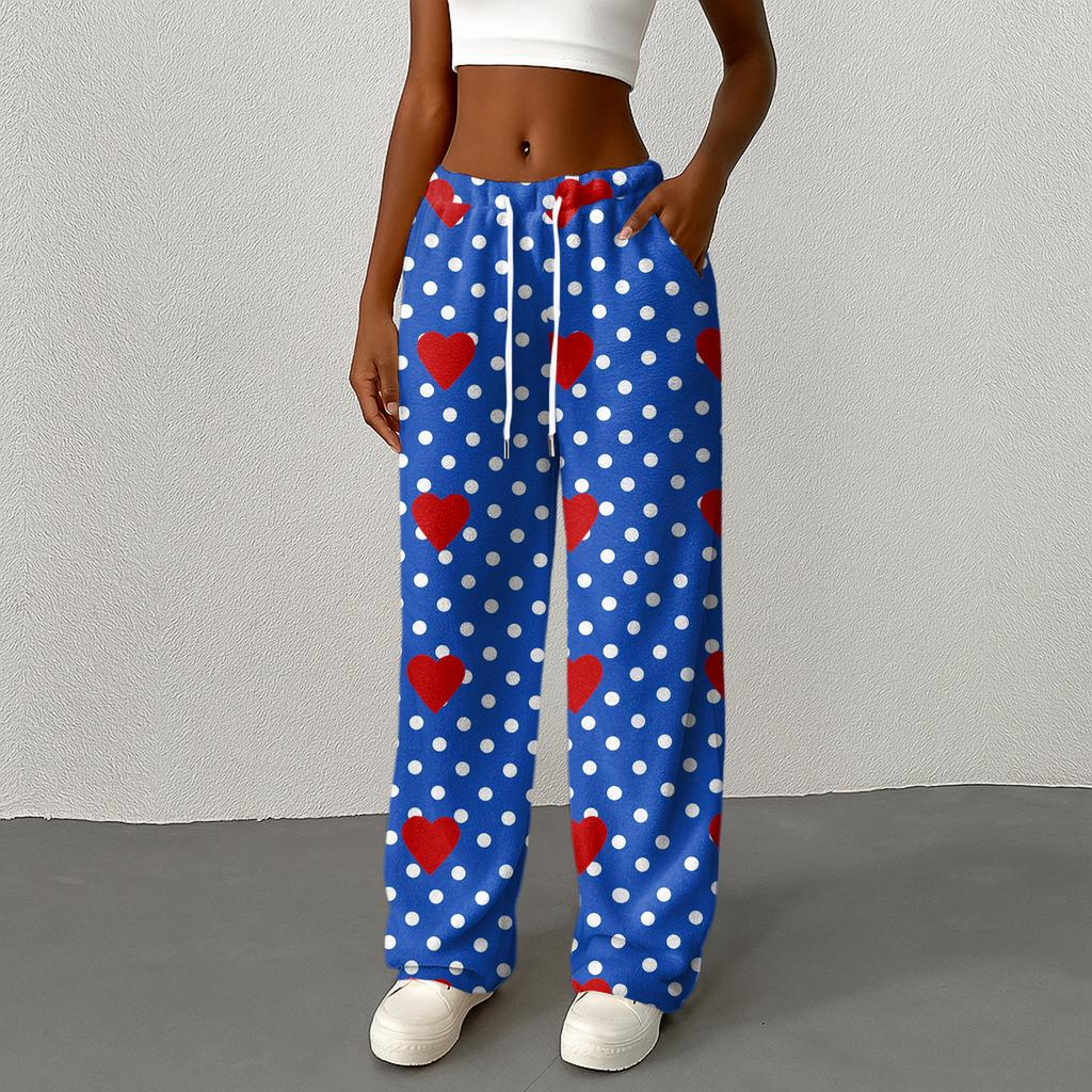 Damen Casual Mode Bedruckte Elastische Taille Locker Gerade Bein Hose Mit Kordel