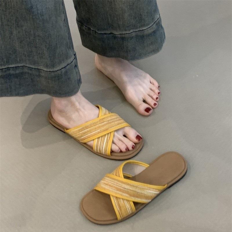 Modische Sandalen Damen 2025 Neu Sommer Vintage Gewebte Römersandalen mit gekreuzten Zehen