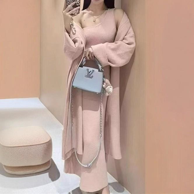 Temperament Celebrity Knitted Suit Autumn and Winter New Long Dress Sweater Cardigan Two-piece Women's Clothing