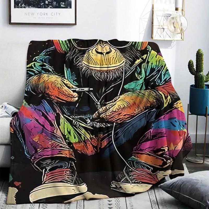 1Pc Retro 80S Pop Culture Blanket - Soft Throw With Neon Graffiti Monkey & Headphones Design - All-Season Couch, Bed, Travel,