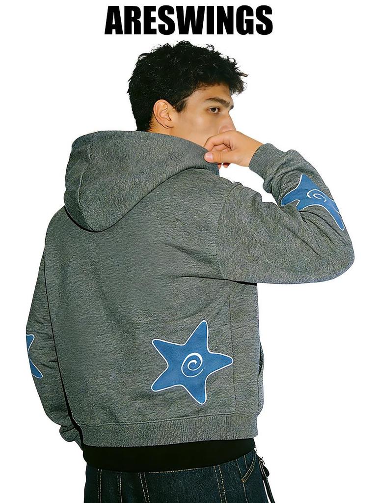 ARES 26 Heavyweight Fleece-Lined Men's Swirl Star Zipper Cardigan Hoodie - Embroidered, 400g Spring Style