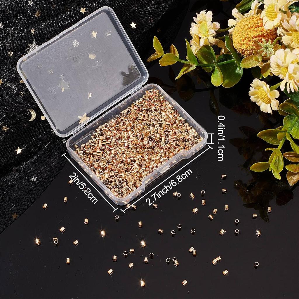 Beebeecraft 1 Box 1000Pcs Crimp Tube Beads 18K Gold Plated Crimping Tube Spacers Cord End Caps 2mm Loose Tiny Stopper Beads for Earring Necklace