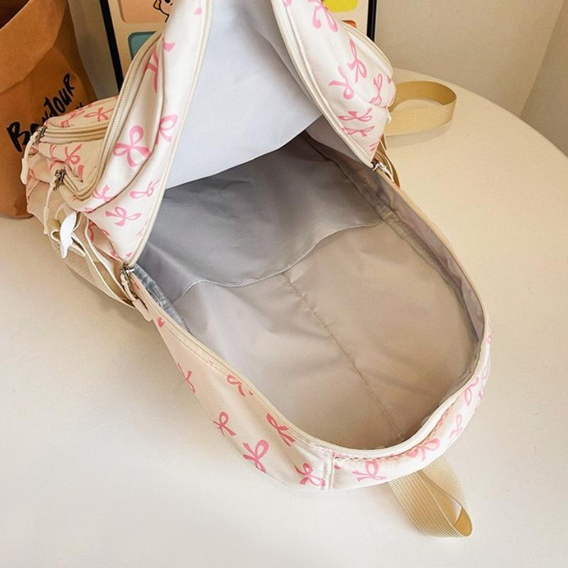 3 Pcs/Set Korean Fashion Bow Print Women Fashion Backpack Lightweight Simple Student School Bag Adjustable Strap Travel Backpack