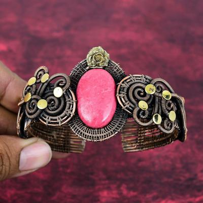 Pulseira de Pedra Thulita Bracelete Ajustável Enrolado com Fio de Cobre Joia de Flor