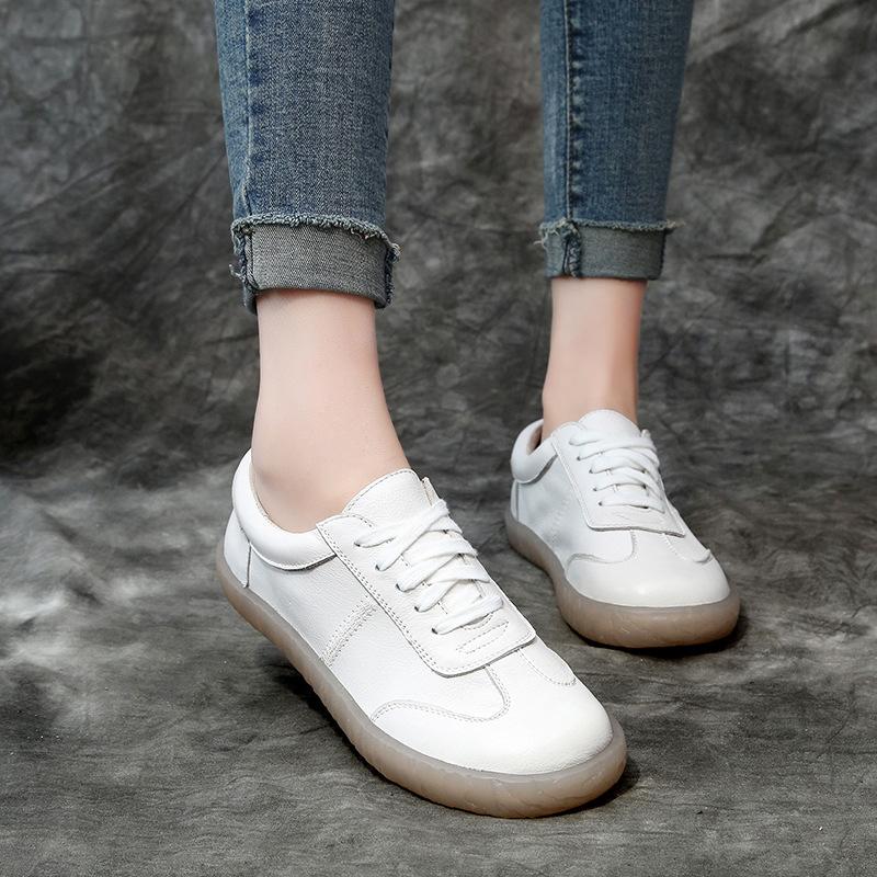 Loafers Ladies Genuine Leather Large Size Spring New Lace-up White Shoes Women Fashion Casual Soft Sole Flat Shoes Women
