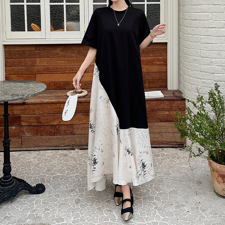 Dimanaf Vestido de Verano Talla Grande para Mujer Casual Empalmado Suelto Vintage Vestido Largo Básico de Manga Corta Maxi