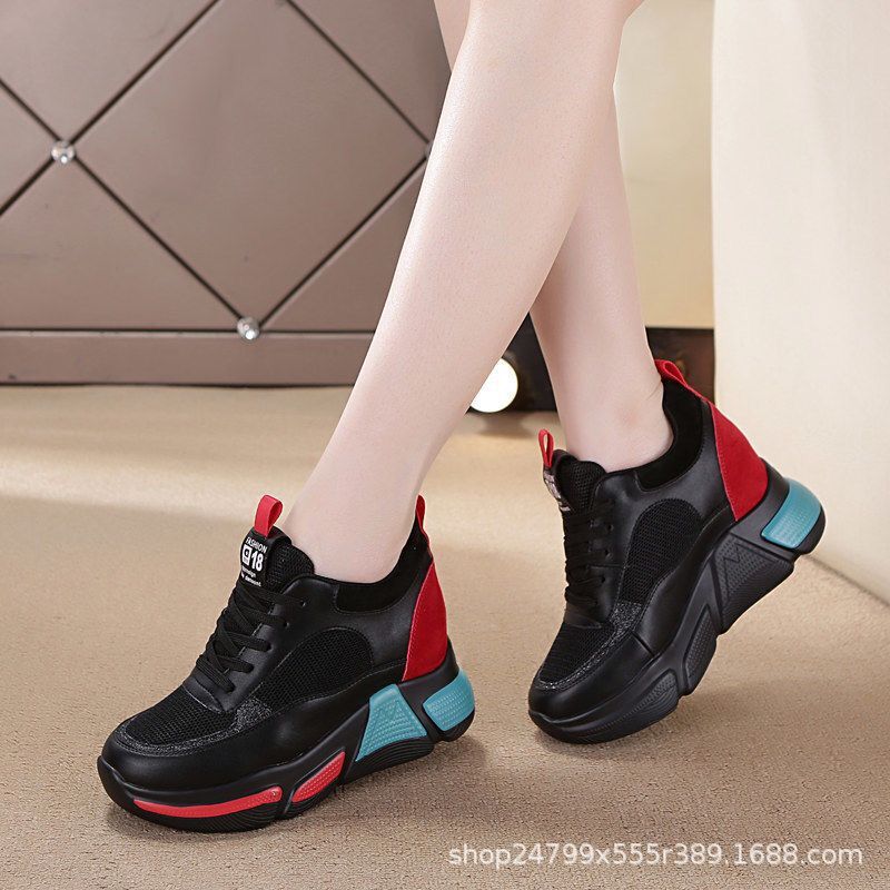 Spring and Autumn New Inner Height Increase Women's Shoes Color Matching Casual Shoes Sports Shoes Double Net Women