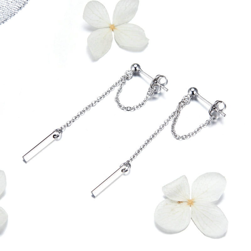 Silver ball earrings with chains, 925 silver studs