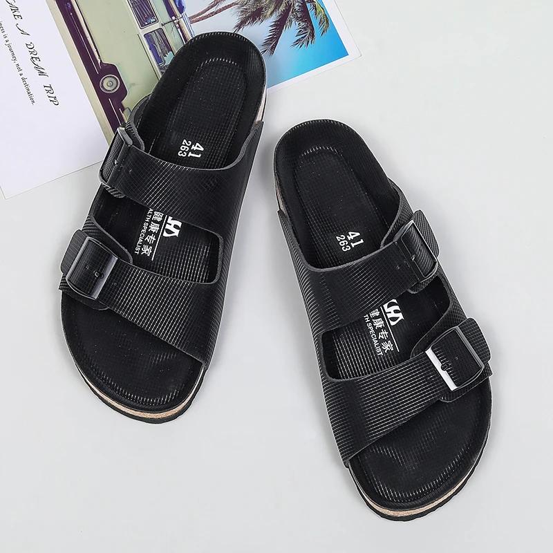 Fashion Thick Sole Men Cork Slippers Summer Casual Double Buckle Non-slip Clogs Slides Slip On Men Leather Beach Vacation Comfort Shoes