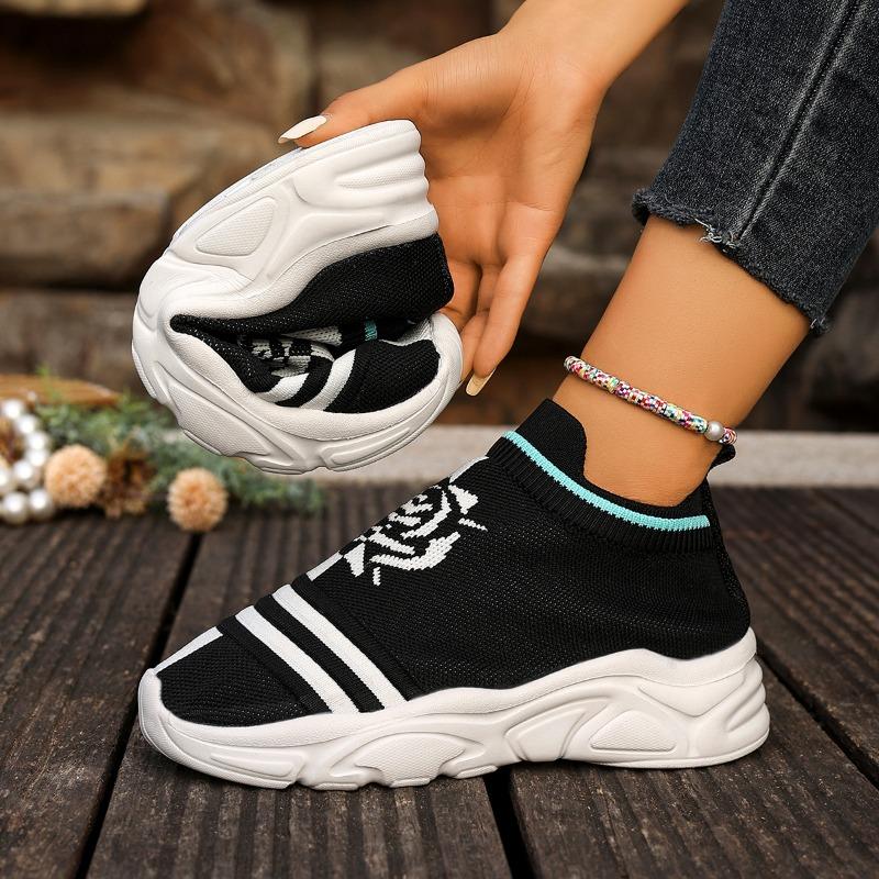 Fashion 2025 Women's Fashion Striped Knitted Fabric Sneakers Stretch Cloth Slip on Casual Socks Shoes Non-slip Soft-soled Running Shoes