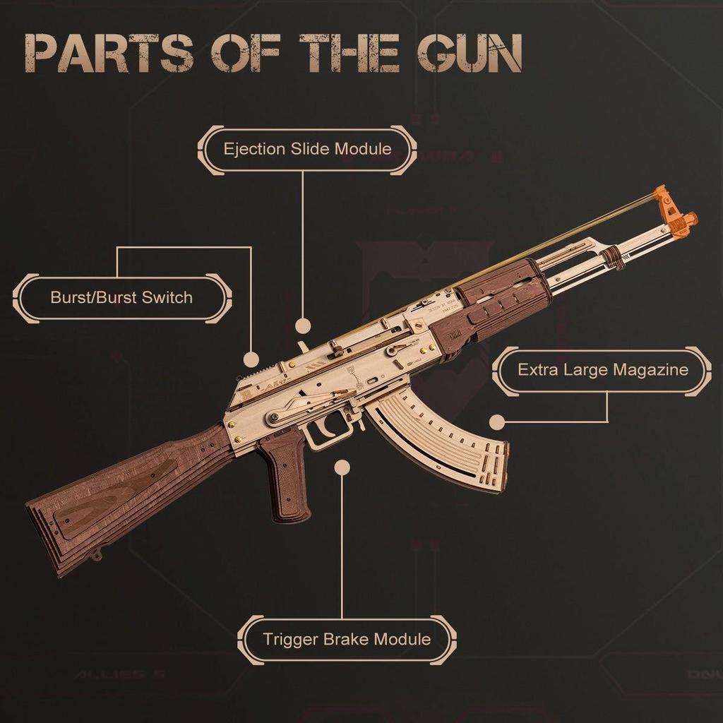 ROKR AK-47 Karabin Szturmowy Zabawkowy Pistolet Drewniana Puzzle 3D LQ901
