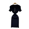 French retro doll collar short-sleeved waist knitted dress women's summer thin temperament tight hip-wrapped sweater skirt