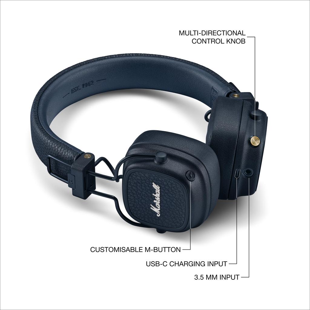 Marshall Wireless On-Ear Headphones Major V Midnight Blue Bluetooth 100H Qi Charging Call Function