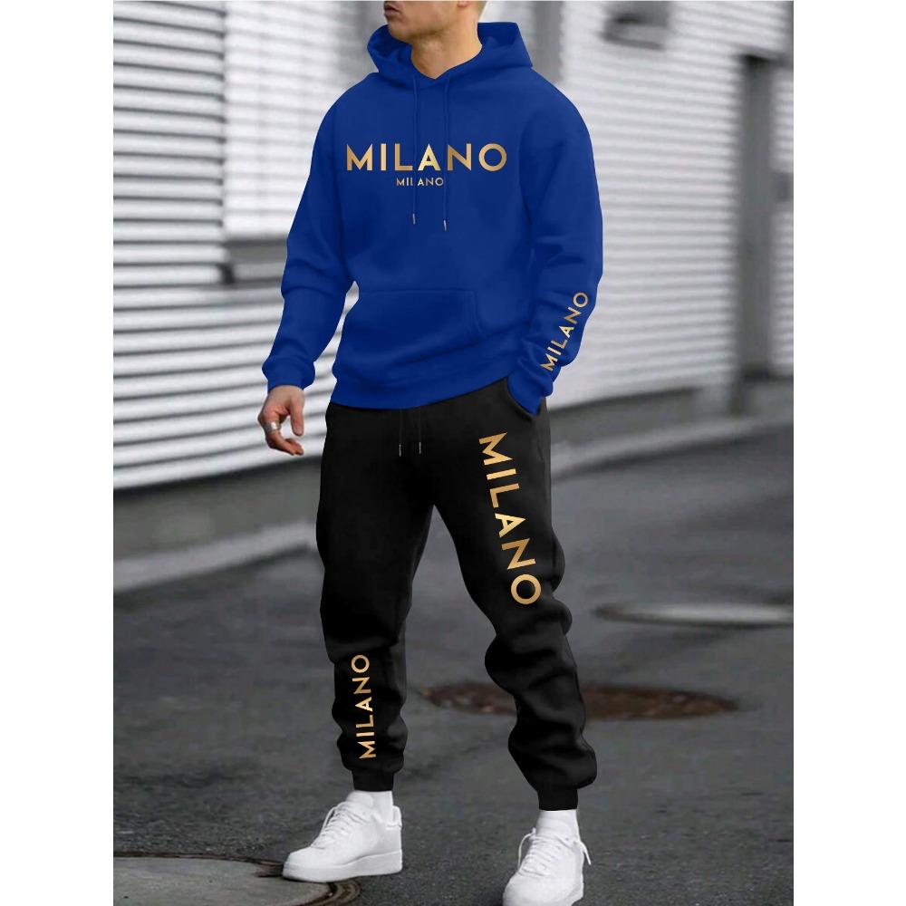 Men's Vacation Style Printed Sportswear and Pants Set, Casual Sportswear Drawstring Pants Set, Autumn and Winter Men's Outdoor 2 Piece Set