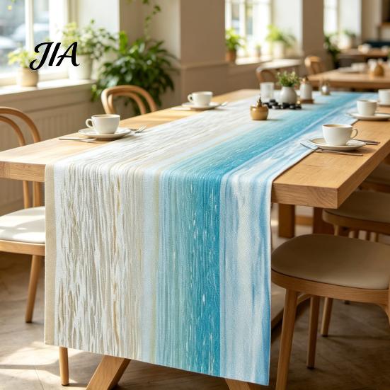 Linen Table Runner Summer Beach Runner, Ocean Wave Coastal Linens for Home House Party Decor Rectangle
