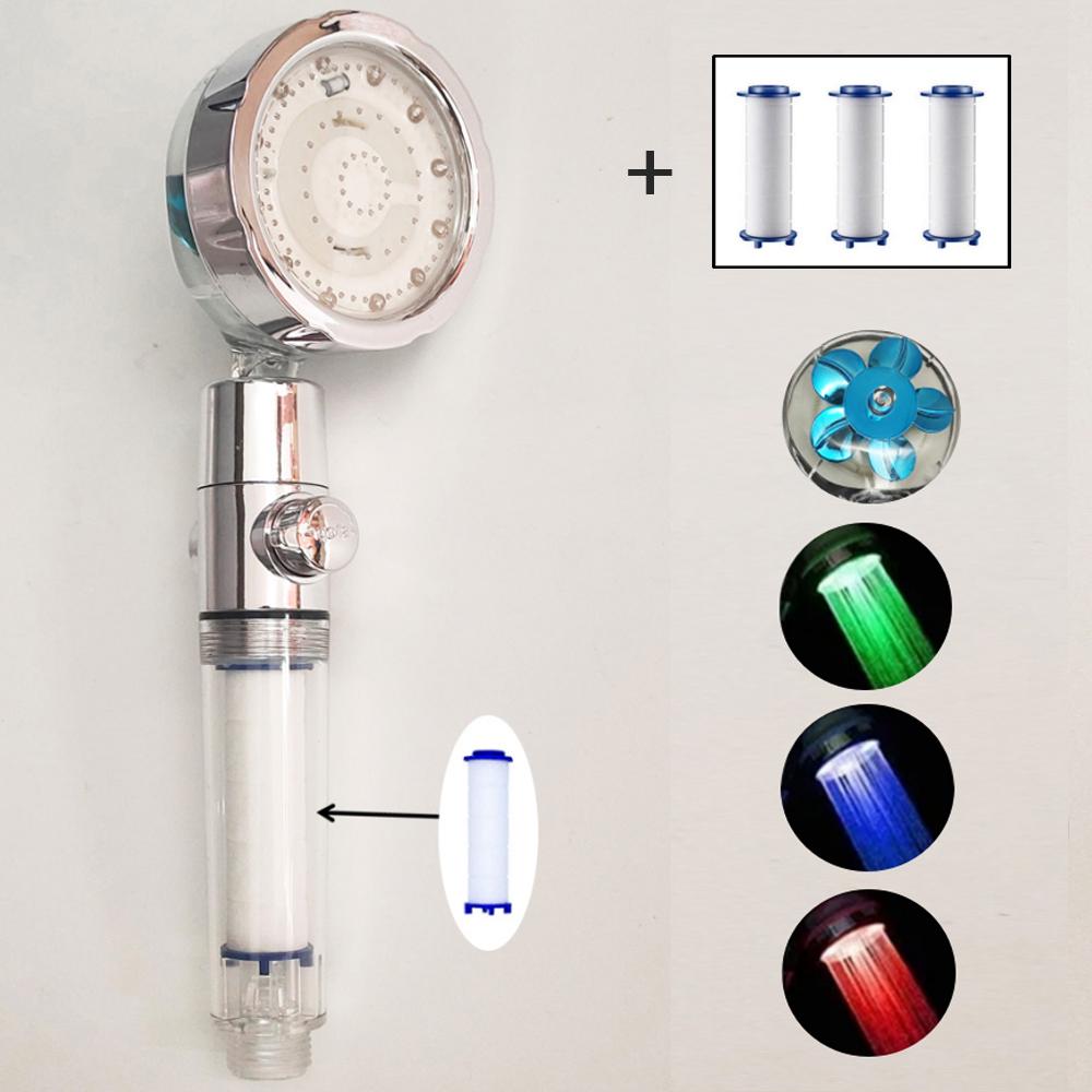 LED Temperature Sensor Shower Head With Stop Button 3/7 Colors Changes Turbo Propeller High Pressure Negative Ion Filter Shower