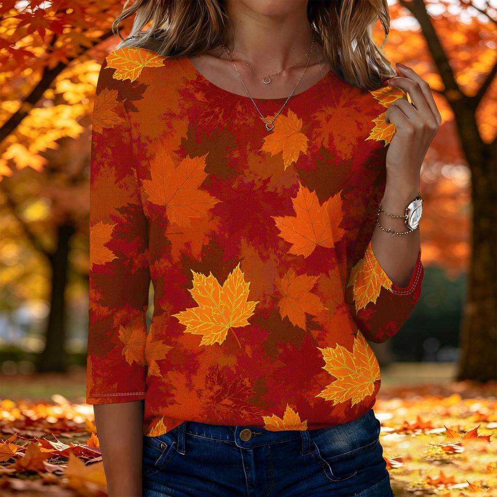 Women's Fashion Casual Three-Quarter Sleeve Round Neck Top with Leaf Print