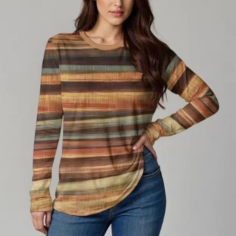 Autumn Women's T-Shirt Casual Long Sleeve Stripe Pattern Print Street O Neck Female Oversized Clothing Outdoor Vintage T Shirts