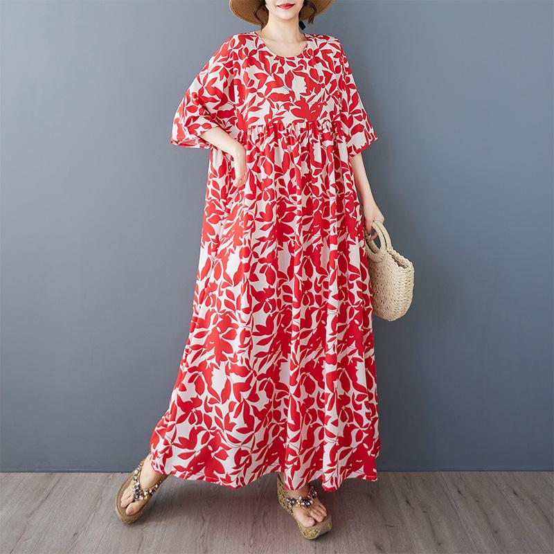 Kurzarm Plus Size Baumwolle Vintage Blumenmuster Neu in Kleidern für Damen lässig locker langes Sommerkleid