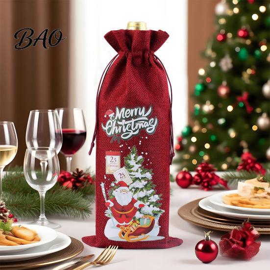 Decorative Bottle Bags for Christmas Wine Bag, Vintage Drawstring Sleeve, Reusable Faux Holiday Party Packaging Linen Cover Clothes New Year