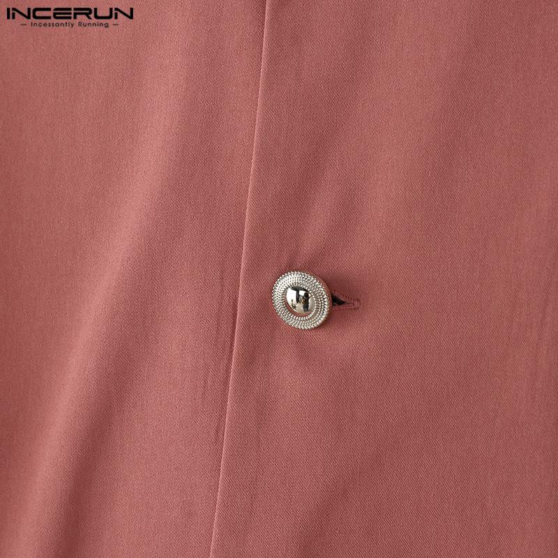 INCERUN Men Stand Neck Long Sleeve Pleated Split Irregular Long Tunic Tops