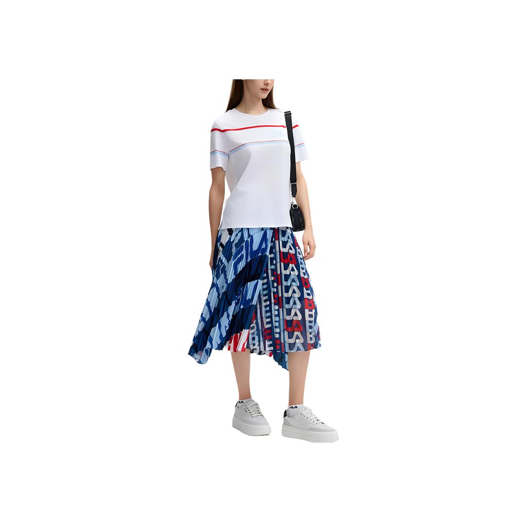 Fila Emerald Series Striped Round Neck Casual Letter Short Sleeve T-Shirt Women T-Shirts White F11W434105F-WT