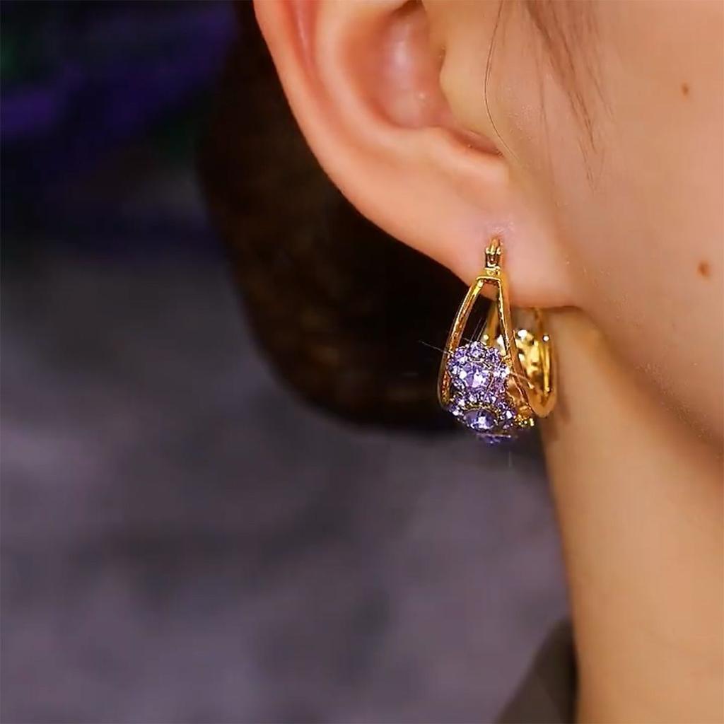 Real Gold Electroplated Foreign Gas Purple Full Diamond Earrings, Ear Buckles, High-end Niche Design, Light Luxury and Versatile Temperament Earrings