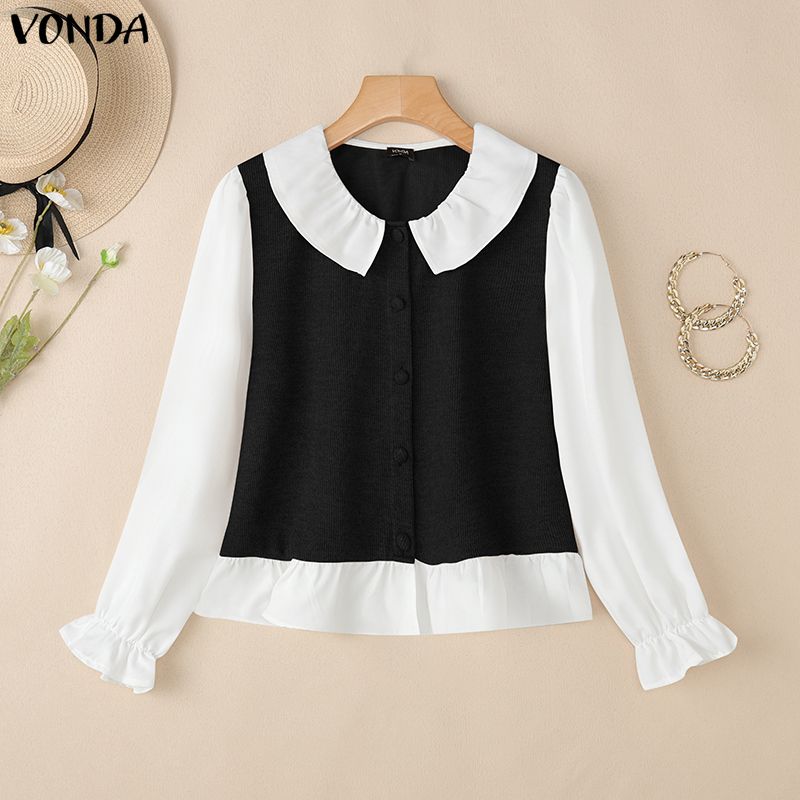 VONDA Women Lapel Neck Splice Long Sleeve Casual Autumn Spring Blouse Shirts S чёрный