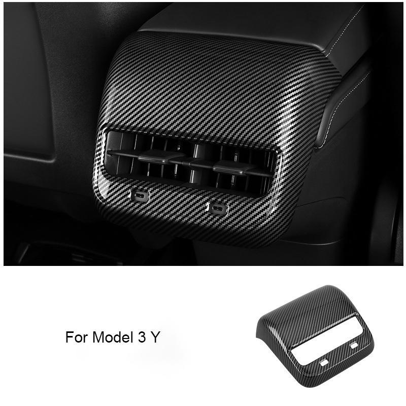 For Tesla Model 3 Y ABS Armrest Box Cover Rear Air Outlet Protective Cover Black Carbon Fiber Electric Vehicle Sticker Decoratio