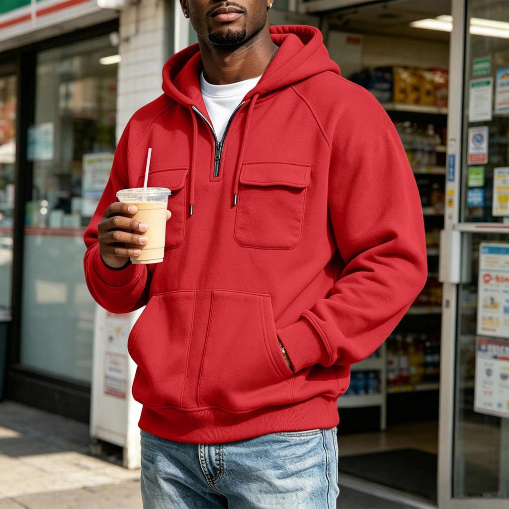Men's Hooded Jacket with Multiple Pockets Casual Athletic Raglan Sleeve Outerwear