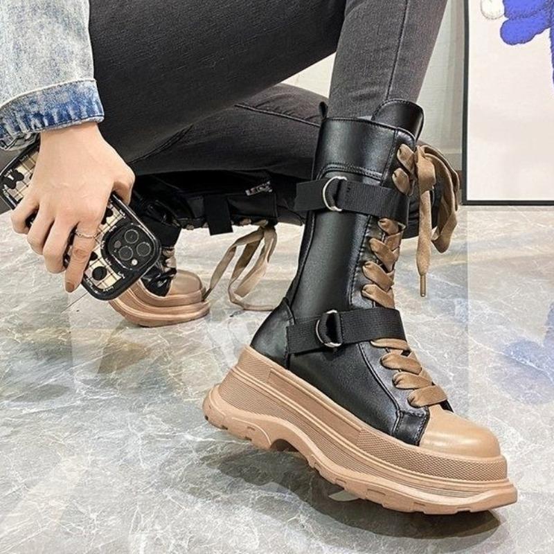 Height Increase Round Toe with Laces Half High Boots for Women Autumn Winter New Rock Fleece-Lined Platform Mid Calf Shoes Woman