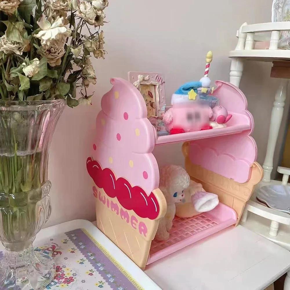 Double Layer Shelf Ice Cream Pink Girl Heart Desktop Ins Style Plastic Storage Rack Cute Student Bedroom Dormitory Storage Box