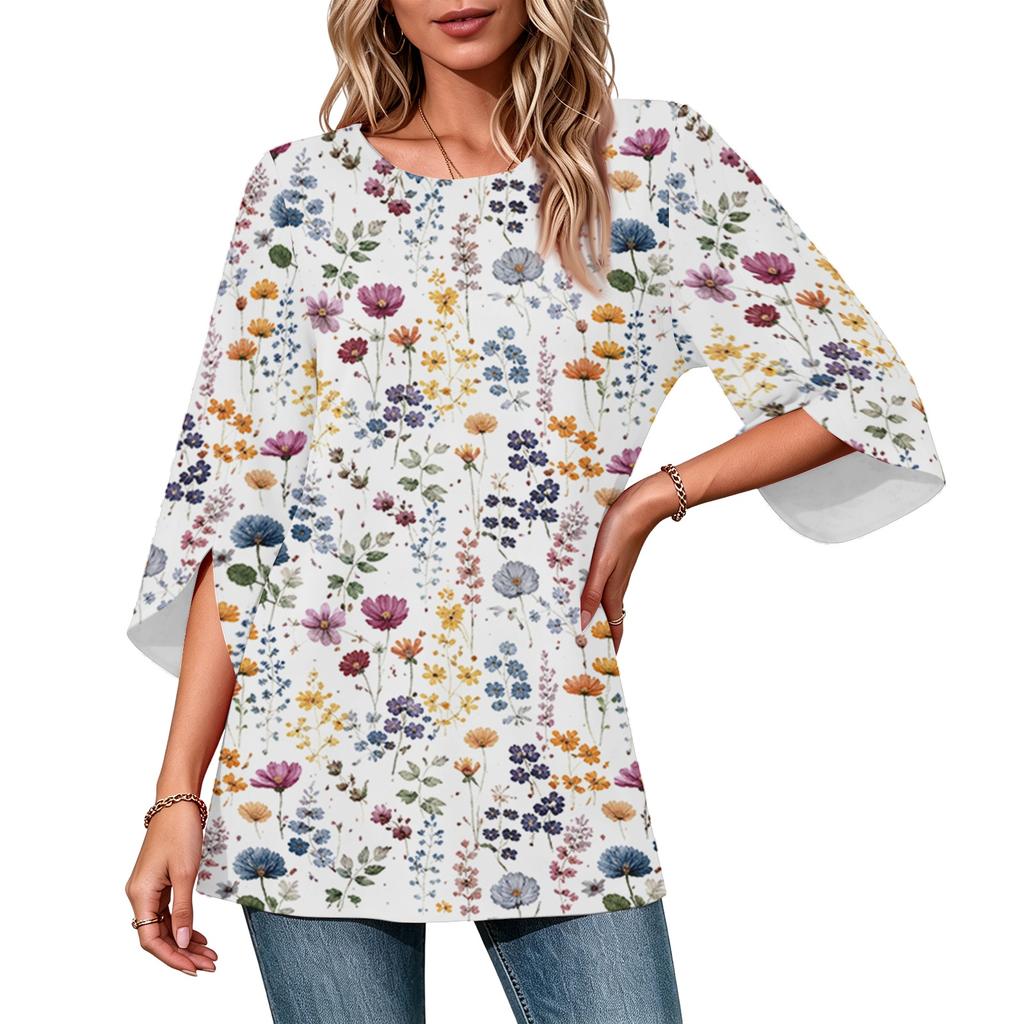 Women's Color Neck Three-Quarter Sleeve Casual Top