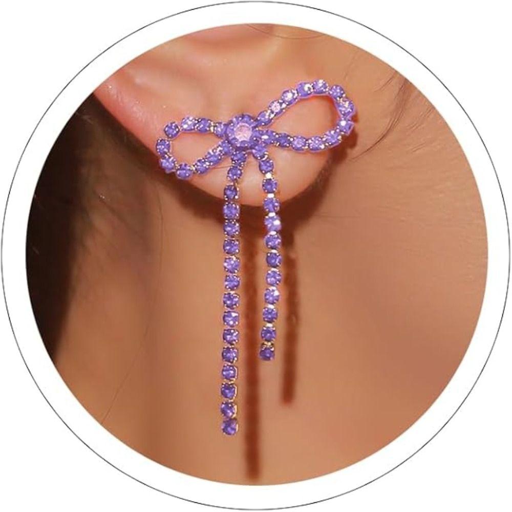 Sparkly Rhinestone Bow Earrings Personalized Bowknot Ear Stud Creative Gift Long Dangle Earrings