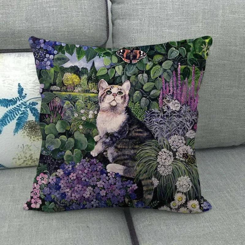 Lovely Cat Sleeping In The Garden Colorful Pillowcase Funny Animal Linen Cushion Cover Home Decor Seat Throw Pillow Covers