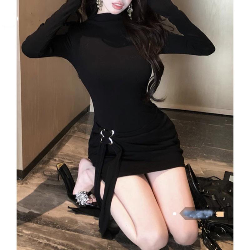 Elegantes schwarzes Bodycon-Kleid - Damen Sexy Langarm Semi-High Neck Taillenbetont Minirock für Herbst/Winter