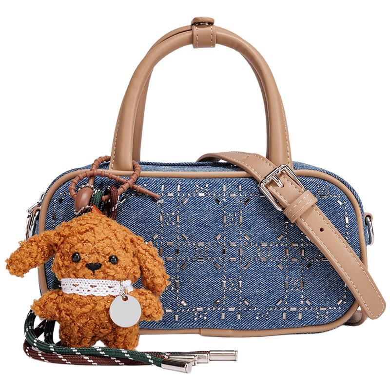 

Autumn Winter New Boston Women s Bag Niche Design Retro Denim Handbag Bowling Bag Single Shoulder Crossbody Pillow Bag Blue+Pendant
