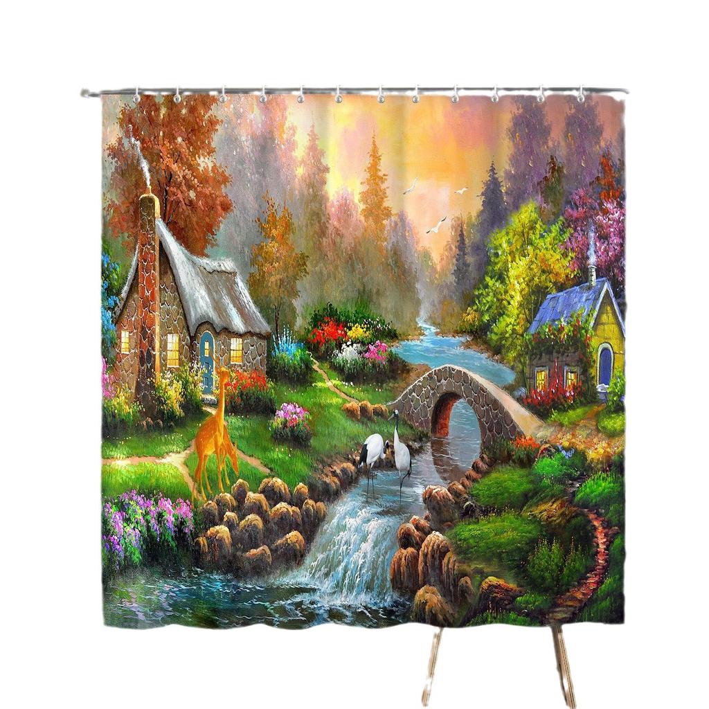 Bathroom Waterproof Curtain Digital Printing Landscape Waterfall Shower Curtain Free Punching Toilet Partition Curtain Shower Cloth