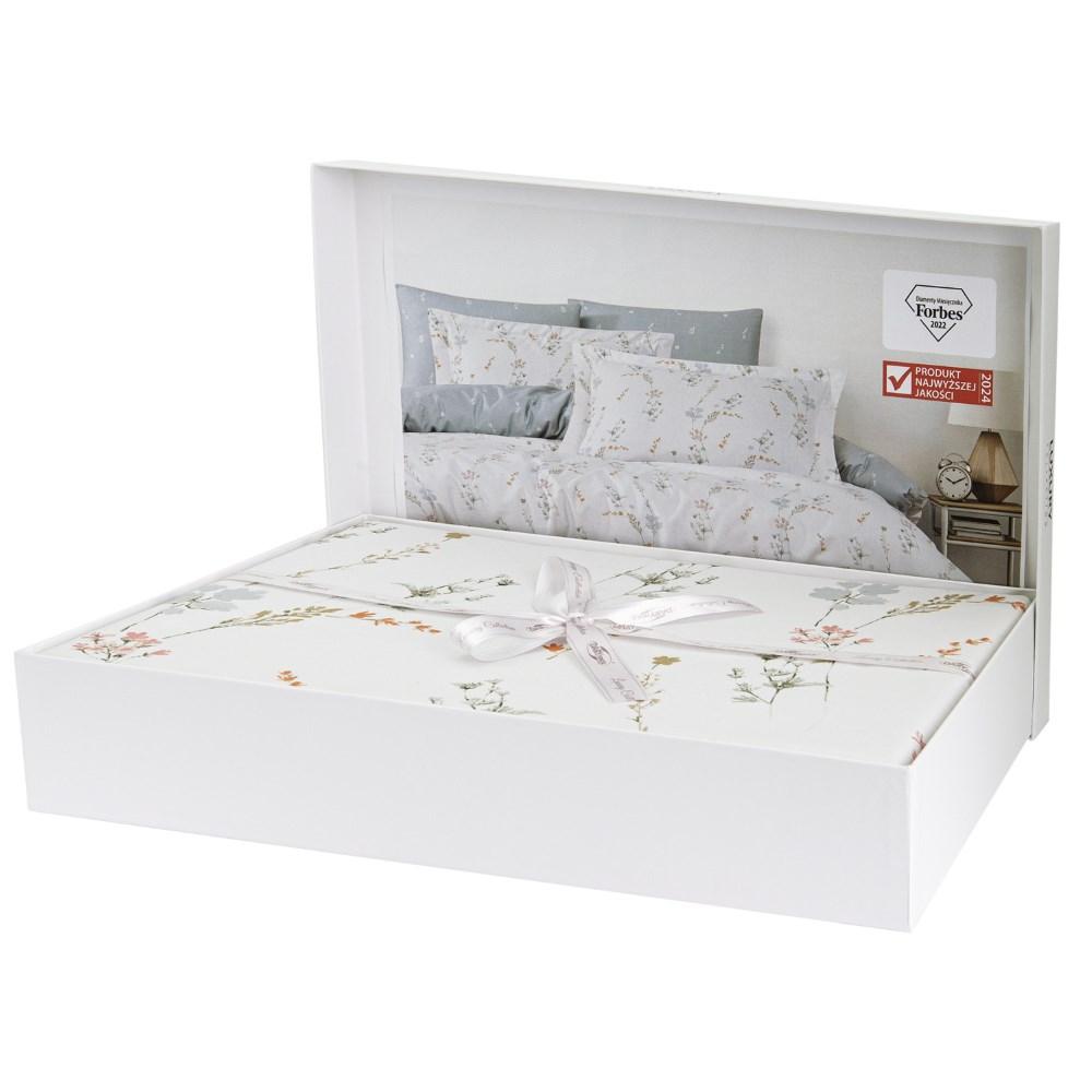 Cotton satin bedding 220x200 Luxury Premium Perimelis white with delicate gray flowers