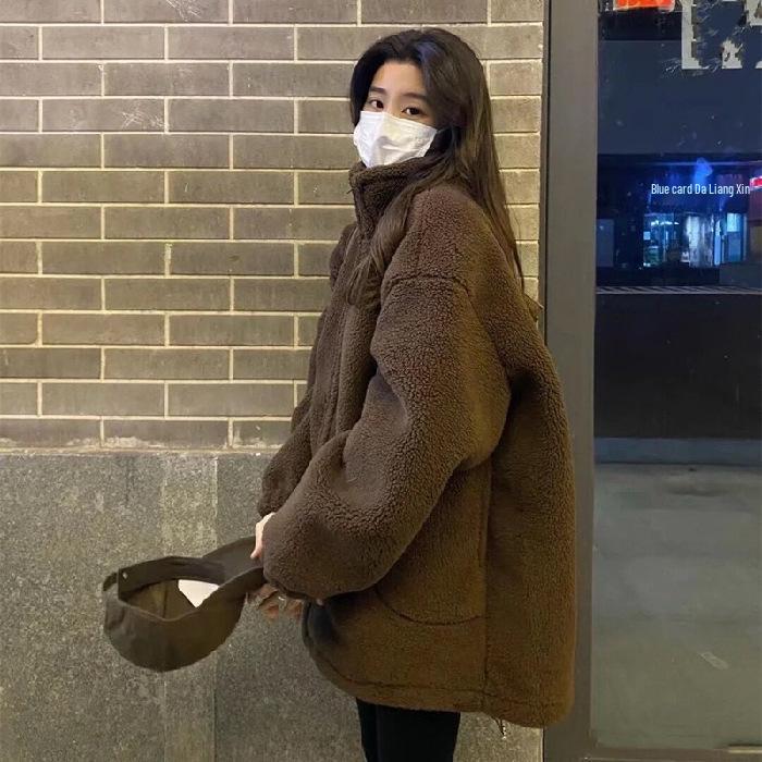 Korean Style Women's Plus Size Lambswool Coat - Thick, Versatile, and Trendy