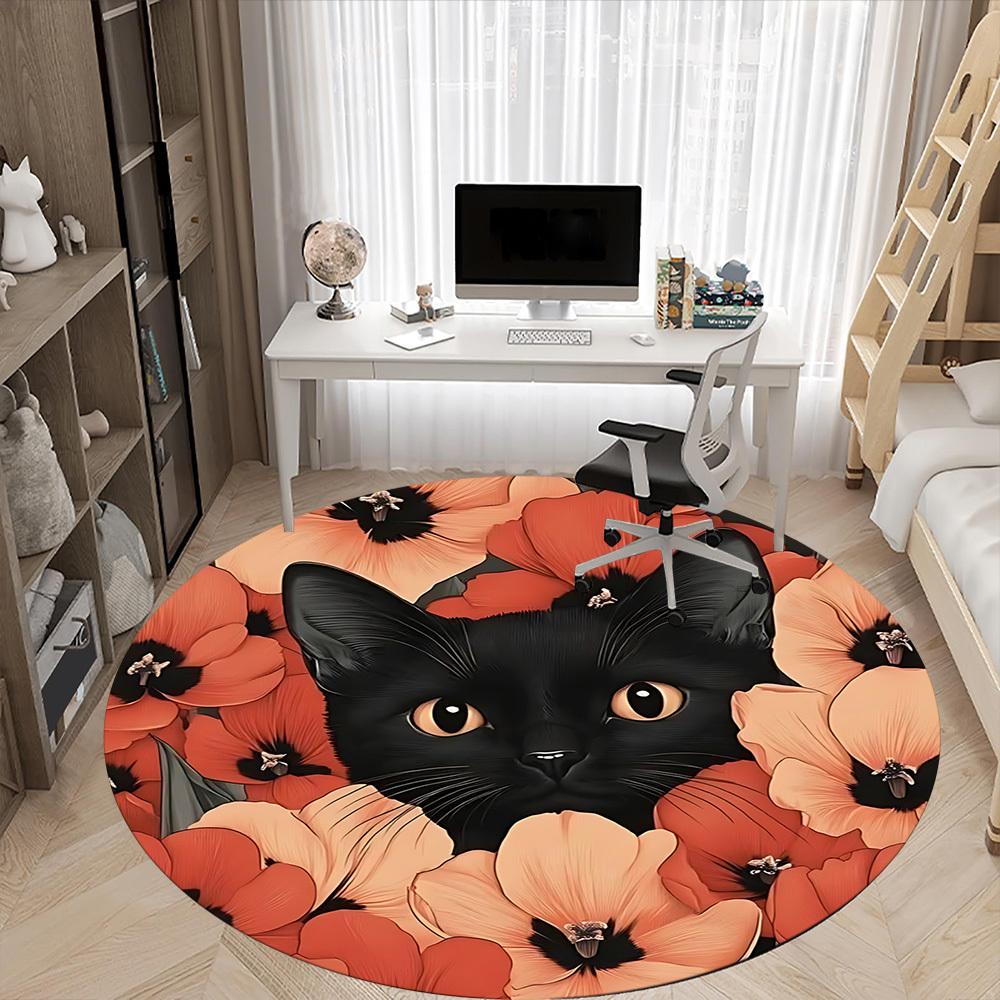 1pc Black Cat Floral Pattern Chair Carpet for Office, Round Non Slip Durable Large Size Office Carpet, Suitable for Office