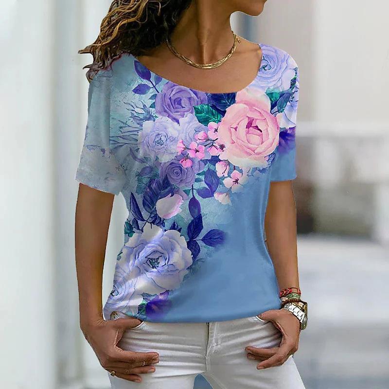 

Летний топ с круглым вырезом и 3D-цветочным принтом, модные повседневные женские футболки с короткими рукавами XS