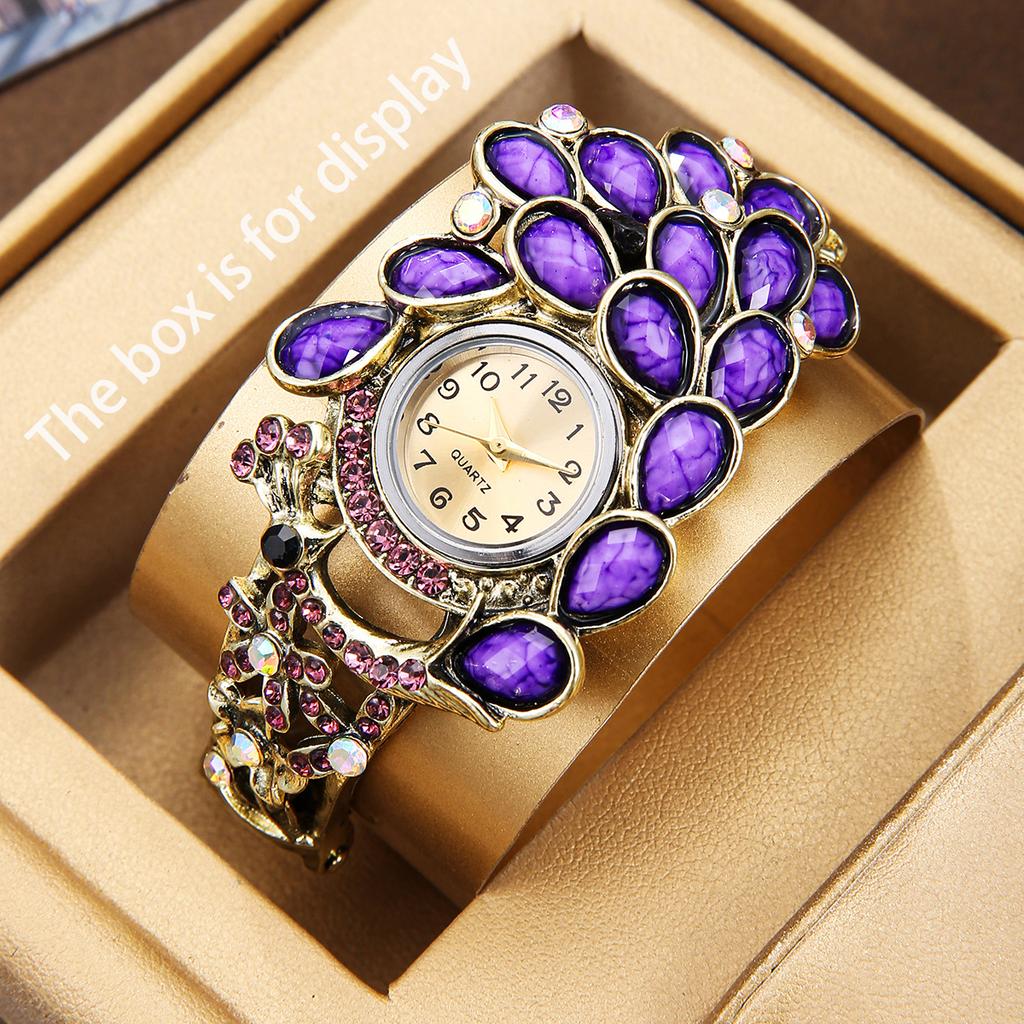 Rhinestone Peacock Hollow Out Bangle Wristwatch Women Quartz Watch