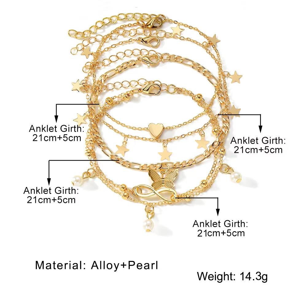 Butterfly Star Heart shaped Pendant Ankle Set Bohemian Vintage Pearl Pendant Foot Bracelet Beach Women's Zircon